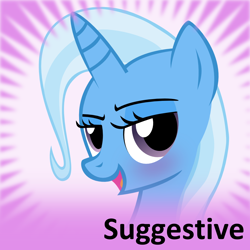 Size: 1024x1024 | Tagged: safe, derpibooru import, trixie, pony, unicorn, g4, bedroom eyes, blushing, bust, derpibooru, eyebrows, female, horn, looking at you, mare, meta, meta:suggestive, official spoiler image, open mouth, open smile, portrait, smiling, smiling at you, solo, text