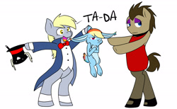 Size: 2761x1699 | Tagged: safe, artist:chub-wub, derpibooru import, derpy hooves, doctor whooves, rainbow dash, rabbit, g4, animal, bunnified, bunny out of the hat, choker, clothes, crossdressing, cuffs (clothes), dialogue, dress, hat, magic trick, magic wand, magician, rabbit dash, simple background, species swap, top hat, white background