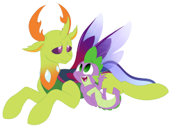 Size: 4519x3326 | Tagged: safe, artist:chub-wub, derpibooru import, spike, thorax, changedling, changeling, dragon, g4, to where and back again, duo, duo male, king thorax, looking at each other, looking at someone, male, my little pony: friendship is magic, open mouth, open smile, simple background, smiling, smiling at each other, transparent background