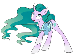 Size: 4926x3667 | Tagged: safe, artist:chub-wub, derpibooru import, mistmane, pony, unicorn, campfire tales, g4, clothes, curved horn, female, horn, long mane, looking up, mare, my little pony: friendship is magic, open mouth, open smile, raised hoof, raised leg, simple background, smiling, solo, transparent background, young mistmane