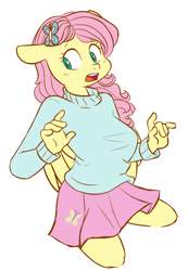 Size: 1322x1908 | Tagged: safe, artist:chub-wub, derpibooru import, part of a set, fluttershy, anthro, pegasus, g4, clothes, cute, ears back, female, miniskirt, open mouth, simple background, skirt, solo, sweater, sweatershy, white background, wings