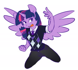 Size: 1944x1740 | Tagged: safe, artist:chub-wub, derpibooru import, part of a set, twilight sparkle, twilight sparkle (alicorn), alicorn, anthro, g4, argyle, clothes, female, horn, necktie, open mouth, simple background, solo, spread wings, sweater, white background, wings