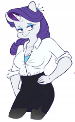 Size: 1187x1922 | Tagged: safe, artist:chub-wub, derpibooru import, part of a set, rarity, anthro, unicorn, g4, breasts, cleavage, clothes, eyeshadow, female, horn, makeup, miniskirt, pantyhose, rolled up sleeves, side slit, simple background, skirt, socks, solo, stockings, thigh highs, white background