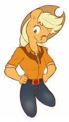 Size: 1305x2315 | Tagged: safe, artist:chub-wub, derpibooru import, part of a set, applejack, anthro, earth pony, g4, applejack's hat, clothes, cowboy hat, female, freckles, hat, one eye closed, shirt, simple background, solo, white background, wink