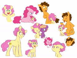 Size: 6000x4500 | Tagged: safe, artist:chub-wub, derpibooru import, cheese sandwich, li'l cheese, little mac, pinkie pie, earth pony, pony, g4, season 9, the last problem, age progression, alternate hairstyle, baby, baby pony, colt, eyes closed, father and child, father and son, female, foal, glasses, green eyes, hairband, happy, male, mama pinkie, mare, mother and child, mother and son, my little pony: friendship is magic, older, open mouth, open smile, parent and child, simple background, sitting, smiling, squint, stallion, trio, white background