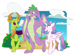 Size: 5724x4253 | Tagged: safe, artist:chub-wub, derpibooru import, princess flurry heart, spike, thorax, alicorn, changedling, changeling, dragon, pony, g4, cloud, female, folded wings, king thorax, male, mare, older, older flurry heart, older spike, one eye closed, open mouth, open smile, raised hoof, raised leg, redraw, simple background, sky, smiling, transparent background, trio, winged spike, wings