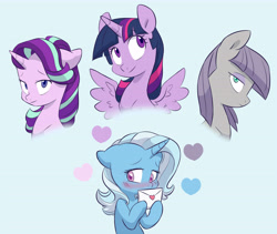 Size: 5677x4800 | Tagged: safe, artist:chub-wub, derpibooru import, maud pie, starlight glimmer, trixie, twilight sparkle, twilight sparkle (alicorn), alicorn, earth pony, pony, unicorn, g4, blue background, blushing, ears, female, floppy ears, heart, horn, lesbian, letter, love letter, mare, mauxie, redraw, shipping, simple background, smiling, spread wings, startrix, trixie gets all the mares, twixie, wings