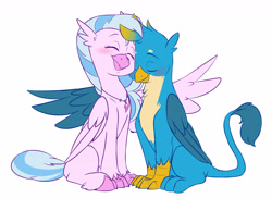 Size: 4637x3378 | Tagged: safe, artist:chub-wub, derpibooru import, gallus, silverstream, classical hippogriff, griffon, hippogriff, g4, blushing, colored hooves, cuddling, cute, diastreamies, duo, duo male and female, eyes closed, female, folded wings, gallabetes, gallstream, hooves, hug, interspecies, jewelry, male, necklace, nuzzling, shipping, simple background, sitting, smiling, straight, tail, white background, winghug, wings