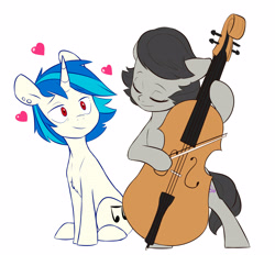 Size: 4369x4056 | Tagged: safe, artist:chub-wub, derpibooru import, dj pon-3, octavia melody, vinyl scratch, earth pony, pony, unicorn, g4, alternate hairstyle, bipedal, bow (instrument), cello, chest fluff, cute, duo, duo female, ear piercing, earring, eyes closed, female, heart, horn, jewelry, lesbian, mare, musical instrument, older, older octavia melody, older vinyl scratch, piercing, scratchtavia, shipping, simple background, sitting, smiling, tavibetes, vinylbetes, white background