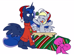 Size: 5160x3853 | Tagged: safe, artist:chub-wub, derpibooru import, derpy hooves, princess luna, alicorn, pegasus, pony, g4, blushing, boop, bow, christmas, christmas sweater, clothes, duo, duo female, eyes closed, female, hat, holiday, horn, lesbian, lunaderp, mare, mistletoe, open mouth, open smile, present, santa hat, shipping, simple background, smiling, spread wings, sweater, white background, wings