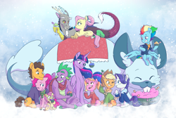 Size: 4175x2809 | Tagged: safe, artist:chub-wub, artist:shimazun, derpibooru import, applejack, cheese sandwich, discord, fluttershy, li'l cheese, luster dawn, pinkie pie, princess twilight 2.0, rainbow dash, rarity, spike, twilight sparkle, twilight sparkle (alicorn), alicorn, draconequus, pegasus, pony, unicorn, g4, the last problem, applejack's hat, cheesepie, clothes, cowboy hat, ethereal mane, female, folded wings, gigachad spike, hairband, hat, horn, male, mane seven, mane six, mare, my little pony best gift ever, my little pony: friendship is magic, older, older applejack, older cheese sandwich, older fluttershy, older mane seven, older mane six, older pinkie pie, older rainbow dash, older rarity, older spike, older twilight, older twilight sparkle (alicorn), one eye closed, open mouth, open smile, shipping, sitting, smiling, spread wings, stallion, starry mane, straight, wings, winterchilla, winterzilla