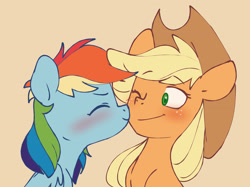 Size: 2733x2043 | Tagged: safe, artist:chub-wub, derpibooru import, applejack, rainbow dash, earth pony, pegasus, pony, g4, appledash, applejack's hat, blushing, clothes, cowboy hat, duo, duo female, eyebrows, eyebrows visible through hair, eyes closed, female, folded wings, freckles, hat, lesbian, mare, nuzzling, one eye closed, shipping, smiling, wings