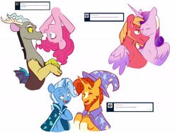 Size: 6000x4500 | Tagged: safe, artist:chub-wub, derpibooru import, big macintosh, discord, pinkie pie, princess cadance, sunburst, trixie, alicorn, draconequus, earth pony, pony, unicorn, g4, accessory swap, beard, cadmac, cape, cloak, clothes, coat markings, eyes closed, facial hair, female, glasses, hat, horn, hug, infidelity, male, mare, nuzzling, open mouth, raised hoof, raised leg, ship:discopie, ship:trixburst, shipping, simple background, stallion, straight, sunburst's cloak, sunburst's glasses, trixie's cape, trixie's hat, upsid, white background, winghug, wings