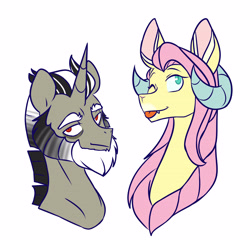 Size: 4302x4134 | Tagged: safe, artist:chub-wub, derpibooru import, discord, fluttershy, draconequus, pony, unicorn, g4, :p, alternate hairstyle, beard, bust, draconequified, duo, duo male and female, facial hair, female, flutterequus, horn, horns, looking at you, male, one eye closed, ponified, pony discord, simple background, species swap, stallion, tongue, tongue out, white background, wink