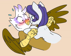 Size: 4722x3752 | Tagged: safe, artist:chub-wub, derpibooru import, gilda, rarity, griffon, pony, unicorn, g4, bedroom eyes, blushing, boop, crack shipping, duo, duo female, eye contact, eyeshadow, female, flustered, horn, hug, kissing, lesbian, looking at each other, looking at someone, makeup, mare, noseboop, rarida, shipping, wings