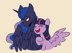 Size: 4916x3604 | Tagged: safe, artist:chub-wub, derpibooru import, princess luna, twilight sparkle, twilight sparkle (alicorn), alicorn, pony, g4, blushing, cute, duo, duo female, eyebrows, eyebrows visible through hair, eyes closed, female, horn, lesbian, looking at someone, lunabetes, mare, open mouth, raised hoof, raised leg, shipping, twiabetes, twiluna, wings