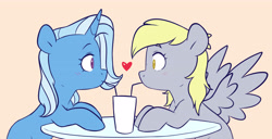 Size: 5032x2580 | Tagged: safe, artist:chub-wub, derpibooru import, derpy hooves, trixie, pegasus, pony, unicorn, g4, blushing, drink, duo, duo female, eye contact, female, food, heart, horn, lesbian, looking at each other, looking at someone, mare, milkshake, profile, sharing a drink, shipping, side view, spread wings, straw, table, tripy, wings