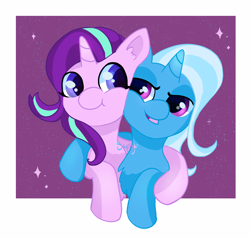 Size: 3683x3511 | Tagged: safe, artist:saphypone, derpibooru import, starlight glimmer, trixie, pony, unicorn, g4, cheek to cheek, duo, duo female, female, high res, horn, hug, lesbian, looking at each other, looking at someone, mare, open mouth, open smile, shipping, side hug, smiling, smiling at each other, sparkles, startrix