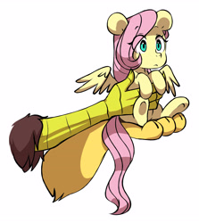 Size: 3665x4104 | Tagged: safe, artist:chub-wub, derpibooru import, discord, fluttershy, draconequus, pegasus, pony, g4, cute, duo, duo male and female, female, high res, holding a pony, it's dangerous to go alone, male, mare, offscreen character, shyabetes, simple background, smol, solo focus, underhoof, white background, wings