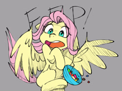 Size: 3668x2726 | Tagged: safe, artist:chub-wub, derpibooru import, fluttershy, pegasus, pony, g4, bowl, candy, crying, ears, ears back, eep, female, floppy ears, food, gray background, halloween, holiday, mare, misleading thumbnail, missing cutie mark, open mouth, scared, screaming, simple background, solo, spread wings, startled, wings