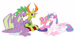 Size: 6315x3238 | Tagged: safe, artist:chub-wub, derpibooru import, luster dawn, princess flurry heart, spike, thorax, alicorn, changedling, changeling, dragon, pony, unicorn, g4, alternate hairstyle, female, gigachad spike, horn, king thorax, lying down, male, mare, older, older flurry heart, older spike, open mouth, pillow, prone, simple background, white background, winged spike, wings