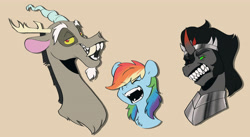 Size: 4768x2614 | Tagged: safe, artist:chub-wub, derpibooru import, discord, king sombra, rainbow dash, draconequus, pegasus, pony, unicorn, g4, brown background, bust, fangs, female, horn, male, mare, sharp teeth, simple background, snaggletooth, stallion, tan background, trio, upper body