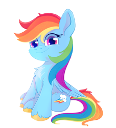 Size: 1910x2104 | Tagged: safe, artist:saphypone, derpibooru import, rainbow dash, pegasus, pony, g4, backwards cutie mark, cheek fluff, chest fluff, female, folded wings, looking at you, mare, simple background, sitting, smiling, smiling at you, solo, tail, unshorn fetlocks, white background, wings