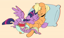 Size: 5181x3091 | Tagged: safe, artist:chub-wub, derpibooru import, applejack, spike, twilight sparkle, twilight sparkle (alicorn), alicorn, dragon, earth pony, pony, g4, blushing, cuddle puddle, cuddling, cute, eyes closed, female, freckles, horn, hug, jackabetes, lying down, male, mare, on back, onomatopoeia, open mouth, pillow, pony pile, sleeping, smiling, snot bubble, sound effects, spikabetes, trio, twiabetes, wings, zzz