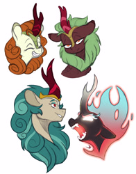 Size: 3097x3957 | Tagged: safe, artist:chub-wub, derpibooru import, autumn blaze, cinder glow, rain shine, summer flare, kirin, nirik, g4, angry, awwtumn blaze, cute, eyes closed, fangs, female, fire, grin, horn, mare, open mouth, simple background, smiling, white background