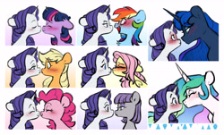 Size: 5926x3579 | Tagged: safe, artist:chub-wub, derpibooru import, applejack, fluttershy, maud pie, pinkie pie, princess celestia, princess luna, rainbow dash, rarity, twilight sparkle, twilight sparkle (alicorn), alicorn, earth pony, pegasus, pony, unicorn, g4, bedroom eyes, blushing, boop, cute, eyes closed, eyeshadow, female, flarity, flustered, horn, kissing, lesbian, looking at each other, looking at someone, makeup, mane six, mare, noseboop, open mouth, raridash, rarijack, rarilestia, rarilight, rariluna, rarimaud, raripie, rarity gets all the mares, ship:rarilestia, ship:rariluna, ship:rarimaud, shipping, simple background, smiling, white background