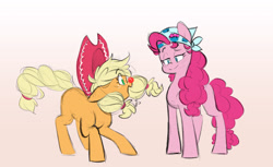 Size: 4689x2873 | Tagged: safe, artist:chub-wub, derpibooru import, applejack, pinkie pie, earth pony, pony, g4, alternate hairstyle, bandana, clown, clown nose, cowboy hat, cute, diapinkes, duo, duo female, ears, female, floppy ears, freckles, hat, high res, jackabetes, looking at each other, looking at someone, mare, missing cutie mark, open mouth, personality swap, pigtails, red nose, rodeo clown, role reversal, silly, silly pony, smiling, twintails, who's a silly pony