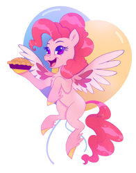 Size: 2497x3187 | Tagged: safe, artist:saphypone, derpibooru import, pinkie pie, pegasus, pony, g4, balloon, female, food, mare, open mouth, open smile, pegasus pinkie pie, pie, race swap, simple background, smiling, solo, spread wings, tail, white background, wings