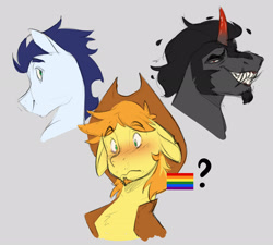 Size: 3104x2792 | Tagged: safe, artist:chub-wub, derpibooru import, braeburn, king sombra, soarin', earth pony, pegasus, pony, unicorn, g4, blushing, clothes, cowboy hat, ears, facial hair, fangs, floppy ears, gay, gay pride flag, goatee, gray background, grin, hat, horn, male, pride, pride flag, question mark, ship:soarburn, shipping, simple background, smiling, soarburn, sombraeburn, somburn, stallion, trio, trio male, vest