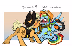 Size: 4516x2964 | Tagged: safe, artist:chub-wub, derpibooru import, applejack, rainbow dash, earth pony, pegasus, pony, g4, alternate cutie mark, alternate hairstyle, applebutt, appledash, bedroom eyes, blushing, butt, cowboy hat, duo, duo female, female, flustered, grin, hat, headphones, helmet, lasso, lesbian, mare, mouth hold, personality swap, plot, role reversal, rope, safety vest, shipping, sitting, smiling, spread wings, wings