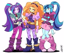 Size: 3193x2675 | Tagged: safe, artist:arrcticc_fish, derpibooru import, adagio dazzle, aria blaze, sonata dusk, human, equestria girls, g4, belt, boots, clothes, crossed arms, cute, denim, female, fingerless gloves, gem, gloves, grin, high heels, jeans, leggings, pants, ponytail, shirt, shoes, shorts, signature, simple background, siren gem, skirt, smiling, socks, spiked wristband, the dazzlings, trio, twintails, white background, wristband