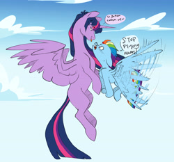 Size: 4742x4429 | Tagged: safe, artist:chub-wub, derpibooru import, rainbow dash, twilight sparkle, twilight sparkle (alicorn), alicorn, pegasus, pony, g4, :p, cloud, dialogue, duo, duo female, female, flapping, flying, lesbian, looking at each other, looking at someone, mare, missing cutie mark, motion lines, older, older rainbow dash, older twilight, older twilight sparkle (alicorn), open mouth, outdoors, shipping, size difference, sky, speech bubble, spread wings, talking, tongue, tongue out, twidash, wings