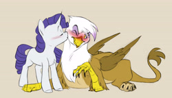 Size: 6015x3448 | Tagged: safe, artist:chub-wub, derpibooru import, gilda, rarity, griffon, pony, unicorn, g4, beige background, blushing, crack shipping, duo, duo female, eyebrows, eyes closed, female, horn, kiss on the cheek, kissing, lesbian, lying down, mare, missing cutie mark, prone, purple mane, purple tail, raised arm, raised eyebrow, rarida, ringlets, shipping, simple background, size difference, standing, tail, unicorn horn, wavy mane, wavy tail, white coat