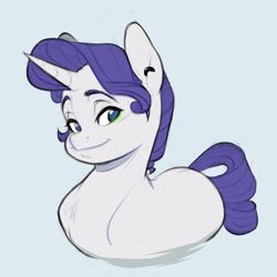 Size: 3633x3640 | Tagged: safe, artist:chub-wub, derpibooru import, rarity, pony, unicorn, g4, agender, alternate hairstyle, blue background, blue eyes, blushing, colored, colored eyebrows, ear piercing, earring, eyeshadow, flat colors, green eyeshadow, high res, horn, jewelry, looking back, makeup, missing cutie mark, no pupils, piercing, purple mane, purple tail, requested art, ringlets, short mane, short mane rarity, simple background, smiling, solo, tail, unicorn horn, white coat