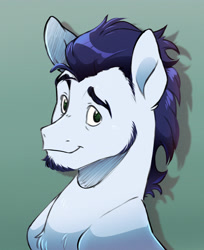 Size: 3122x3822 | Tagged: safe, artist:chub-wub, derpibooru import, soarin', pegasus, pony, g4, alternate design, beard, blue coat, blue mane, bust, chest fluff, eyebrows, facial hair, gradient background, green eyes, hatching (technique), high res, looking back, male, no pupils, portrait, raised eyebrow, requested art, shiny mane, sideburns, smiling, solo, stallion, thick eyebrows