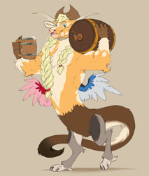 Size: 4260x4996 | Tagged: safe, artist:chub-wub, derpibooru import, part of a set, applejack, draconequus, g4, applejack's hat, applejacked, barrel, braid, braided pigtails, brown background, brown fur, carrying, cider, cider mug, clothes, coat markings, colored claws, colored eyebrows, colored horns, colored legs, colored paws, colored pupils, colored tail, colored tailtip, colored wings, colored wingtips, cowboy hat, draconequified, ears, facial markings, female, floppy ears, freckles, green eyes, green pupils, hat, horns, leg markings, leonine tail, mismatched wings, mug, multicolored wings, muscles, open mouth, open smile, orange fur, pigtails, raised leg, shadow, simple background, small wings, smiling, snip (coat marking), solo, species swap, spread wings, stetson, tail, tied hair, wings, yellow hair