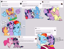 Size: 7800x6000 | Tagged: safe, artist:chub-wub, derpibooru import, fluttershy, pinkie pie, rainbow dash, scootaloo, trixie, twilight sparkle, unicorn twilight, earth pony, pegasus, pony, unicorn, g4, ask, badge, bangs, beard, blue coat, blue eyes, blue mane, blue tail, blushing, chest fluff, chibi, clothes, colored, colored sketch, crossed hooves, curly hair, curly mane, curly tail, cute, cutealoo, dialogue, drawing, evil twilight, eyebrows, eyebrows visible through hair, eyelashes, eyes closed, facial hair, female, flat colors, flirting, flower, frown, glowing, glowing horn, gray background, hatching (technique), holding, hoof hold, horn, kneeling, lesbian, lidded eyes, looking away, lying down, magic, male, mare, messy mane, messy tail, missing cutie mark, multicolored hair, multicolored mane, no pupils, nonbinary, nudging, nuzzling, on one knee, one eye closed, open mouth, open smile, orange coat, partially open wings, pink mane, pink tail, prone, purple coat, purple eyes, purple mane, rainbow hair, raised eyebrow, red eyes, requested art, rose, scootadoption, shipping, short mane twilight sparkle, simple background, sitting, sketch, smiling, speech bubble, tail, talking, telekinesis, text, three toned mane, trans male, trans rainbow dash, trans twilight sparkle, transgender, tumblr, twidash, twilight sparkle is not amused, twinkie, twishy, twixie, two toned mane, two toned tail, unamused, uniform, wall of tags, wings, wink, yellow coat