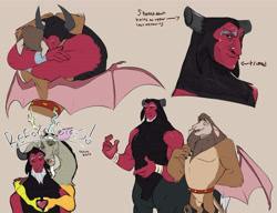 Size: 7800x6000 | Tagged: safe, artist:chub-wub, derpibooru import, discord, lord tirek, scorpan, centaur, draconequus, gargoyle, taur, g4, a better ending for tirek, alternate design, alternate universe, beard, belt, black fur, black sclera, blush lines, blushing, bracer, broken horn, broken horns, brothers, brown fur, brown hair, bust, claws, colored claws, colored eyebrows, colored horns, colored legs, colored pinnae, colored sclera, colored wings, cream background, curved horns, cut horn, eyes closed, facial hair, floating heart, golden eyes, gray fur, hand on chest, heart, heart hands, high res, horn, horns, hug, long ears, looking at someone, male, mismatched horns, nose piercing, nose ring, open mouth, open smile, piercing, profile, red skin, reformed, reformed tirek, reformed villain, requested art, septum piercing, shaved, siblings, simple background, smiling, smiling at someone, solo focus, standing, text, trio, trio male, two toned wings, wing claws, wings