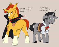 Size: 5500x4382 | Tagged: safe, artist:chub-wub, derpibooru import, king sombra, sunburst, pony, unicorn, g4, alternate accessories, alternate design, alternate hairstyle, alternate tailstyle, amulet, beard, beige background, black hooves, black mane, black tail, blaze (coat marking), body scar, bowtie, broken horn, brown background, cape, clothes, coat markings, collared shirt, colored, duo, duo male, ears, ears back, evil sunburst, eyebrow slit, eyebrows, facial hair, facial markings, facial scar, fetlock tuft, flat colors, floppy ears, frown, glasses, good king sombra, gray coat, green eyes, hatching (technique), height difference, high res, hoof fluff, horn, implied sunset shimmer, jewelry, leg scar, looking at you, magic, male, missing cutie mark, narrowed eyes, orange coat, personality swap, physique difference, raised leg, red mane, red tail, requested art, round glasses, scar, shirt, short mane, short tail, shoulder scar, sideburns, simple background, slit eyes, small glasses, smiling, smiling at you, socks (coat marking), stallion, stand, standing, standing on three hooves, sweater vest, tail, tan background, teal eyes, text, three quarter view, torn ear, two toned mane, two toned tail, unicorn horn, vest, wall of tags, white shirt