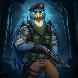 Size: 1024x1024 | Tagged: safe, ai content, derpibooru import, machine learning generated, gallus, anthro, griffon, series:g.i. pony: a real equestrian hero, g4, beret, clothes, cosplay, costume, fatigues, forest, g.i. joe, generator:google imagen 3.0, gloves, gun, hat, lt. falcon, male, military uniform, nature, night, night force, outdoors, prompter:zerowinger, shotgun, solo, tree, uniform, weapon