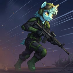 Size: 1024x1024 | Tagged: safe, ai content, derpibooru import, machine learning generated, lyra heartstrings, anthro, plantigrade anthro, unicorn, series:g.i. pony: a real equestrian hero, g4, assault rifle, clothes, cosplay, costume, crazy legs, female, g.i. joe, generator:google imagen 3.0, glowing, glowing horn, gritted teeth, gun, helmet, horn, military uniform, night, night force, outdoors, prompter:zerowinger, rifle, running, solo, teeth, uniform, weapon