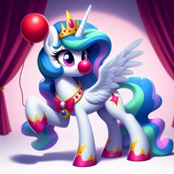 Size: 1024x1024 | Tagged: safe, ai content, derpibooru import, generator:bing image creator, generator:dall-e 3, machine learning generated, princess celestia, alicorn, pony, g4, alternate cutie mark, balloon, bowtie, clown, clown nose, curtains, female, horn, mare, prompter:heydude5321, red nose, solo, wings