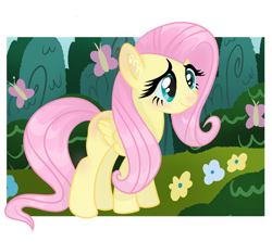 Size: 3072x2736 | Tagged: safe, artist:annuthecatgirl, derpibooru import, fluttershy, butterfly, pegasus, pony, outdoors, passepartout, solo