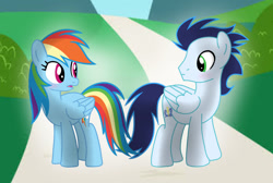 Size: 1280x859 | Tagged: safe, artist:soarindasher10, derpibooru import, rainbow dash, soarin', pegasus, pony, blushing, duo, female, looking at each other, looking at someone, male, mare, outdoors, shipping, smiling, smiling at each other, soarindash, stallion, straight