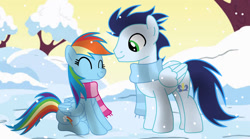 Size: 1280x713 | Tagged: safe, artist:soarindasher10, derpibooru import, rainbow dash, soarin', pegasus, pony, clothes, duo, female, male, mare, outdoors, scarf, screencap background, shipping, smiling, snow, snowfall, snowflake, soarindash, stallion, straight, striped scarf, winter