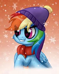 Size: 2000x2500 | Tagged: safe, artist:sunamoonmlp, derpibooru exclusive, derpibooru import, rainbow dash, pegasus, pony, g4, clothes, cute, eye clipping through hair, female, hat, mare, scarf, smiling, snow, snowflake, solo, teeth, wingding eyes, winter, winter outfit